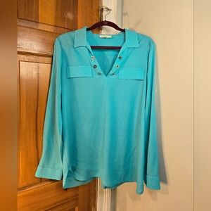 Calvin Klein Turquoise Collared V-Neck Long Sleeve Blouse Sz M